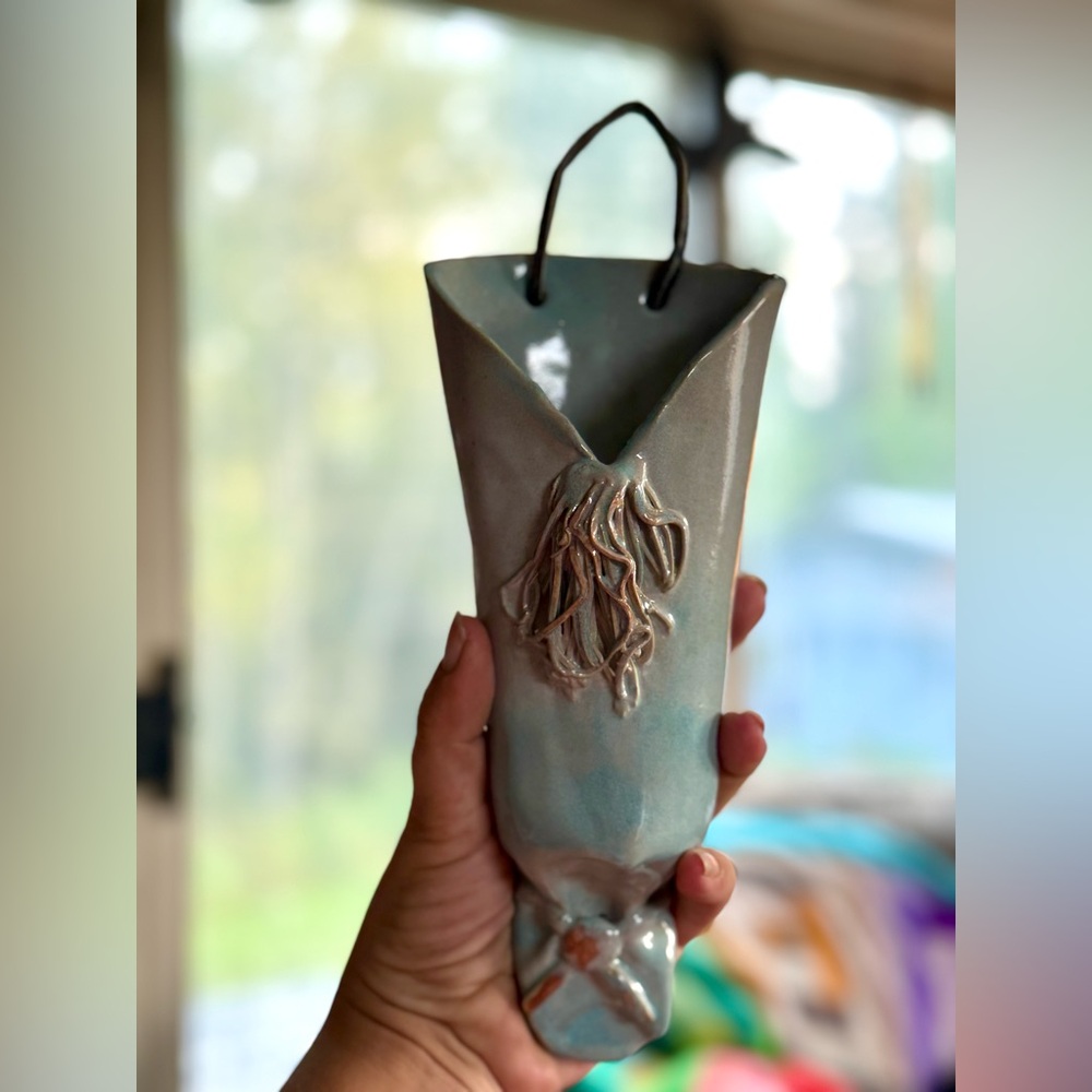 Hand Crafted Aqua and Cream Hanging Vase